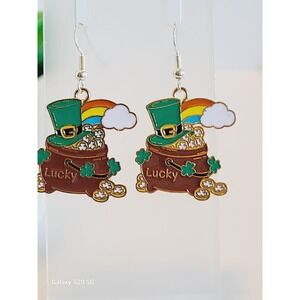 St Patricks Day Pot of Gold Rainbow Enamel Drop Earrings Leprechaun Lucky Hat